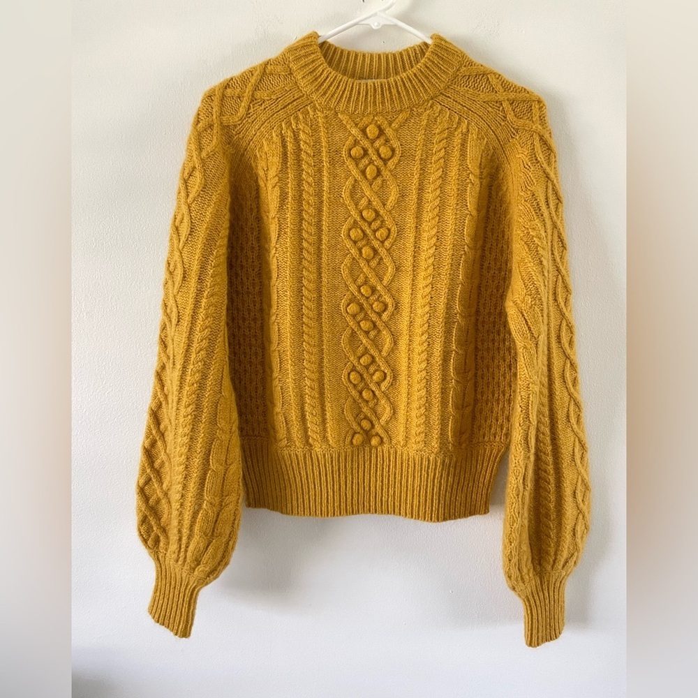 J.Crew DemyLee Mohair Wool‎ Cable Knit Sweater XS Balloon Sleeve Chunky Mustard